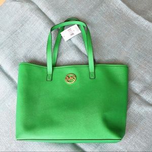 Michael Kors Bright Green Saffiano Tote with Gold MK Logo